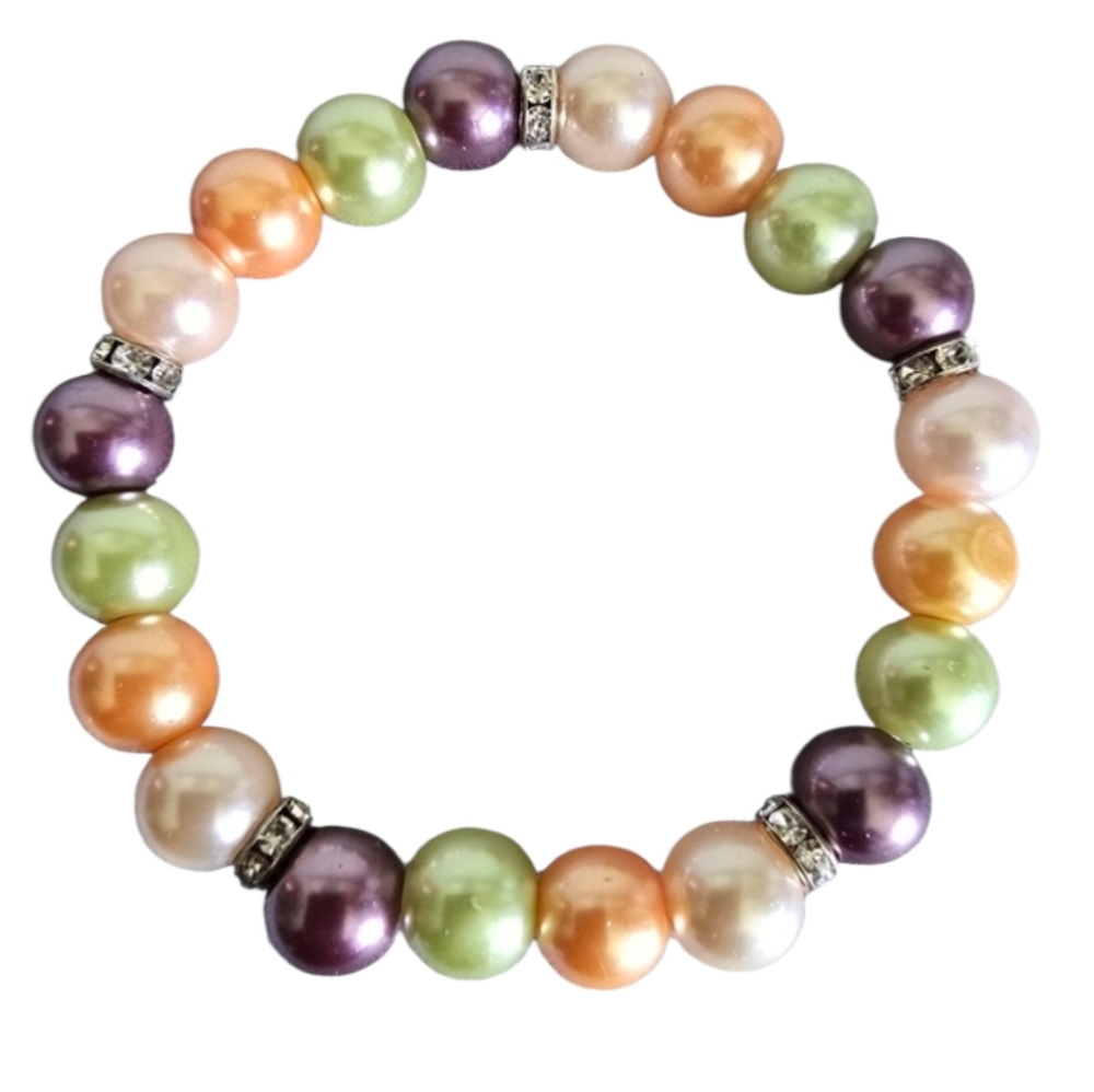 Handmade Glass Pearl Beads Rhinestone Elastic Stretch Bracelet